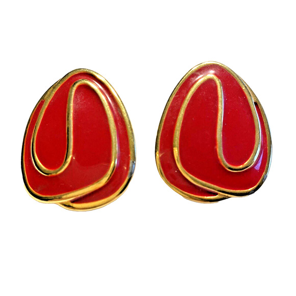 Vintage 80’s Napier Pierced Earrings Mod Chunky Goldtone & Red Enamel Swirl Art - Picture 1 of 6